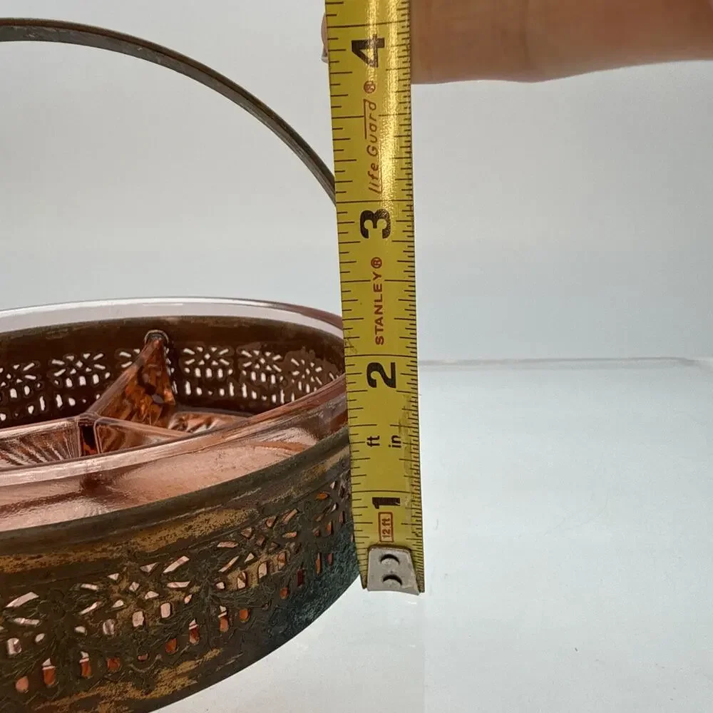 1930s Pink Depression Glass Divided Relish Candy Snack Dish in Copper Basket ⬇️